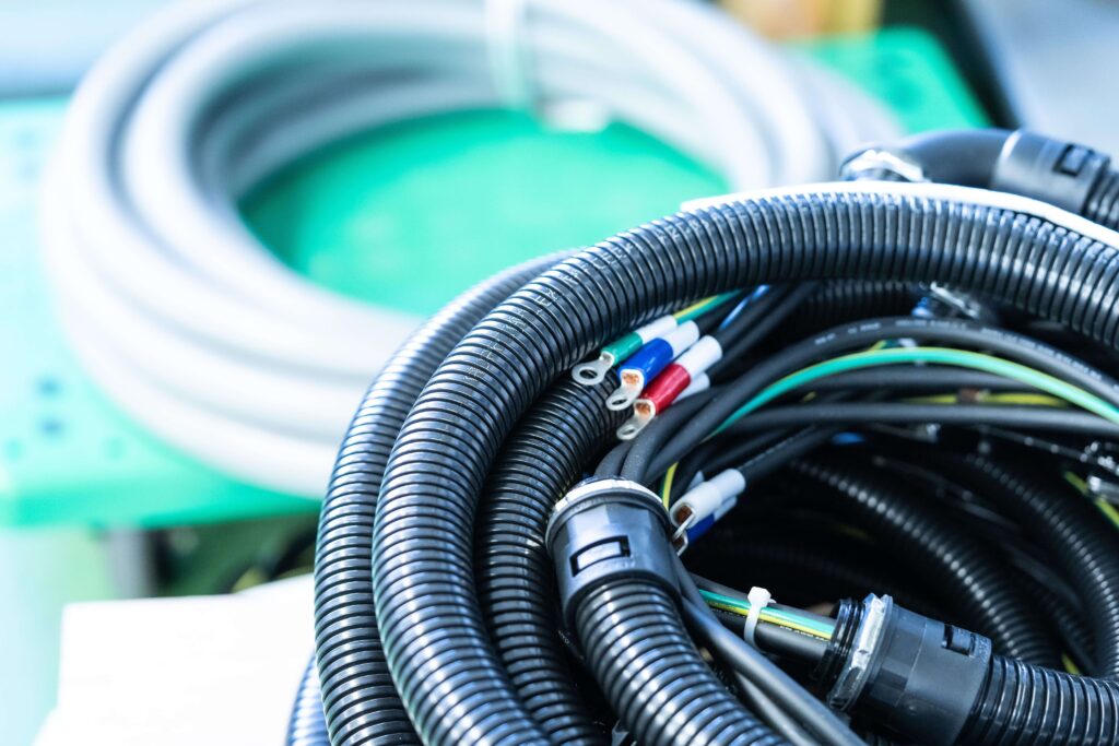 custom engine wire harness with tubing and terminal lugs
