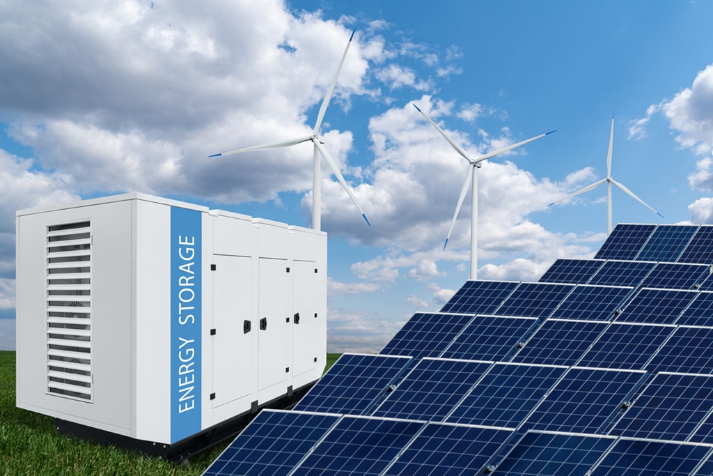 Solar panels and energy storage in a renewable energy setup.